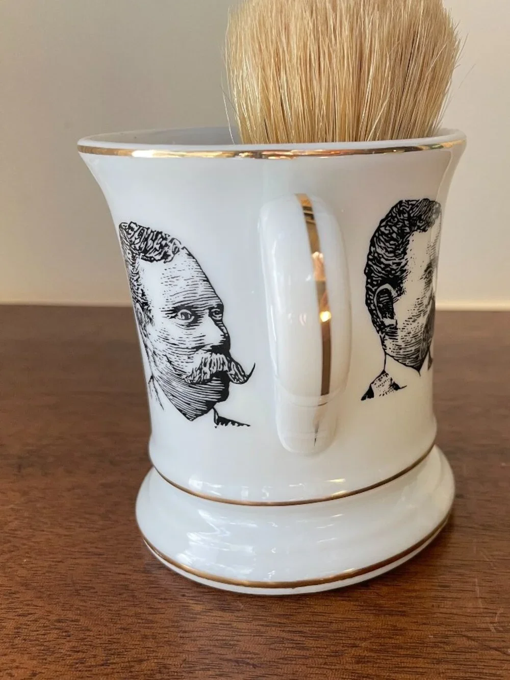 VTG Porcelain Barber's Mug Mustached Gentlemen & Shaving Brush Barbershop
